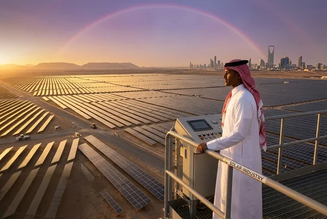 رجل سعودي في حقل ألواح شمسية بالرياض عند الغروب