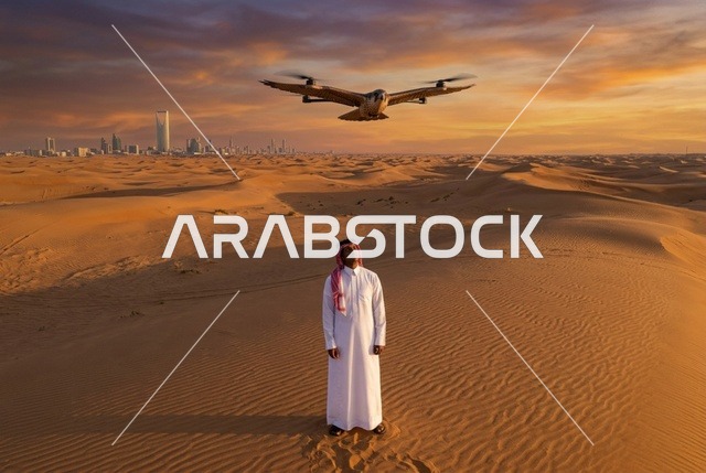 رجل سعودي يرتدي الثوب التقليدي في صحراء الرياض عند الغروب