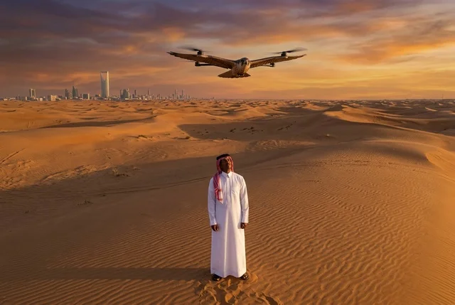 رجل سعودي يرتدي الثوب التقليدي في صحراء الرياض عند الغروب