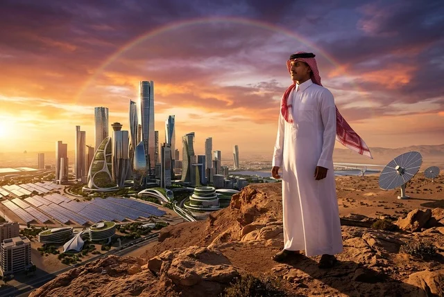 رجل سعودي يرتدي الثوب التقليدي يطل على مدينة مستقبلية
