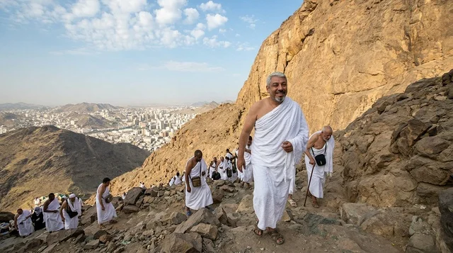 حجاج عرب بملابس الإحرام يصعدون جبل النور بمكة