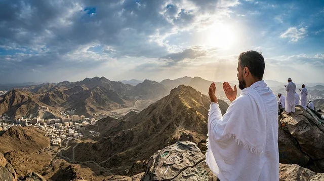 حاج سعودي بملابس الإحرام يدعو على جبل مكة عند الشروق