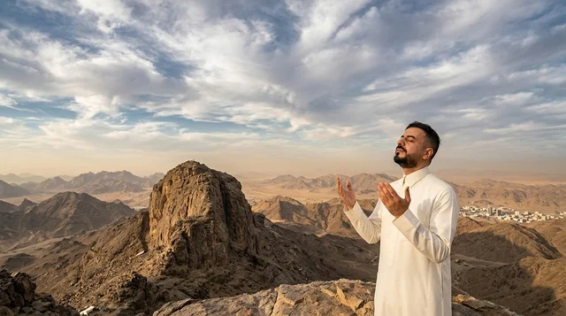 رجل سعودي يرتدي الثوب التقليدي يدعو فوق قمة جبل