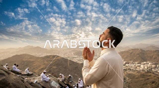 رجل عربي مسلم يتضرع بالدعاء على جبل في مكة