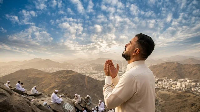 رجل عربي مسلم يتضرع بالدعاء على جبل في مكة
