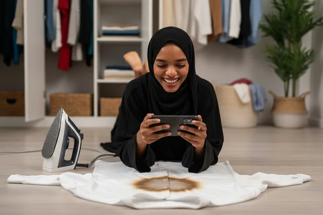 امرأة عربية سمراء بالعباءة تحرق القميص بالمكواة