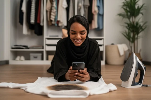 امرأة سعودية بالعباءة تستخدم الهاتف بجانب قميص محترق