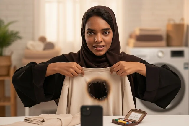 Saudi Woman showing Burned Sweatshirt in Laundry Room