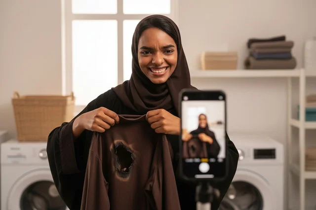 Saudi Woman Recording Burnt Shirt Video in Laundry Room