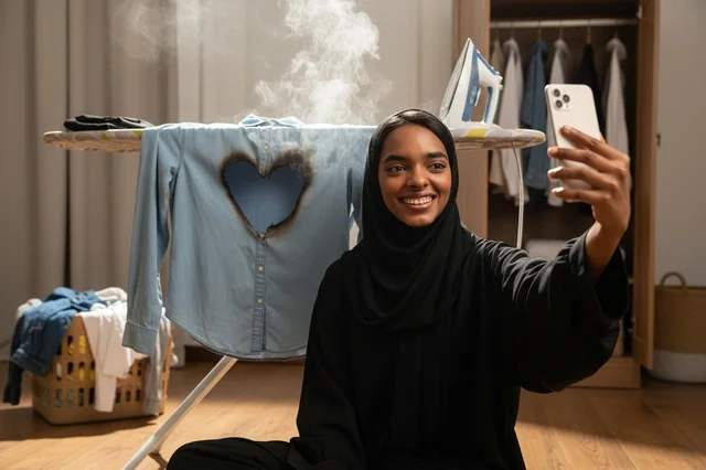 امرأة عربية تلتقط سيلفي مع قميص محترق أثناء الكي