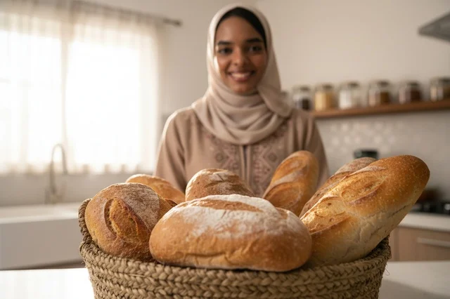 Arab Woman with Freshly Baked Bread Basket in Kitchen