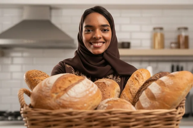 Smiling Saudi Woman in Hijab Holding Fresh Bread Basket