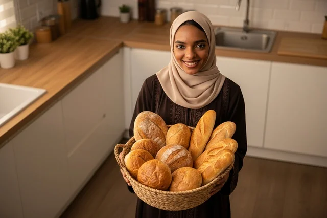 Saudi Arab Woman in Hijab Holding Fresh Bread Basket