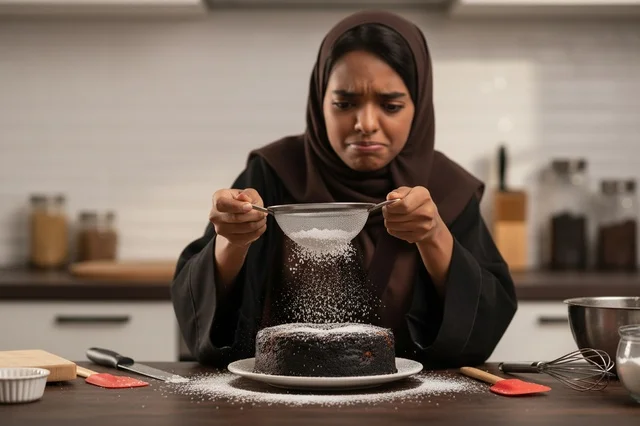 Saudi Woman in Abaya Baking Chocolate Cake in Kitchen Saudi Woman in Abaya Baking Chocolate Cake in Kitchen
