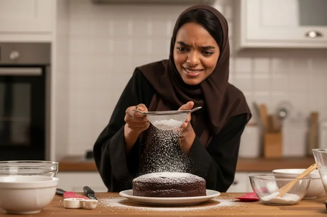 امرأة سعودية بالعباءة تخبز كعكة شوكولاتة في المطبخ