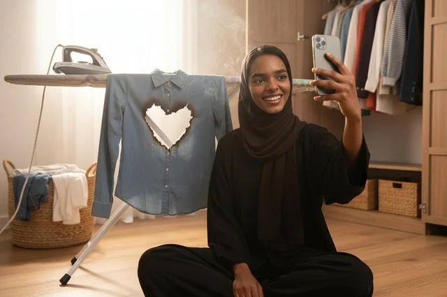Saudi Woman with Smartphone and Burned Shirt at Home