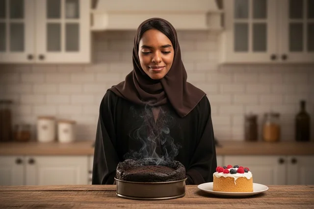 Arab Woman Looking at Burnt Cooking Cake in Kitchen Arab Woman Looking at Burnt Cooking Cake in Kitchen