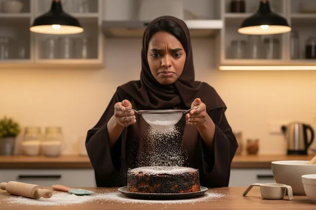 Saudi Woman in Hijab Sifting Sugar on Burnt Cake in Kitchen