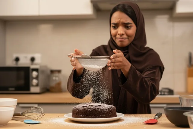 Saudi Woman in Abaya Baking Chocolate Cake in Kitchen