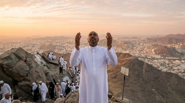 حاج يدعو فوق جبل الرحمة في مكة المكرمة وقت الغروب