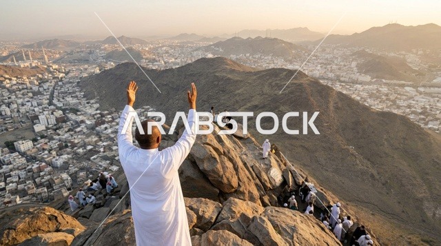 Muslim Pilgrim Supplicating on Mount Hira Mecca