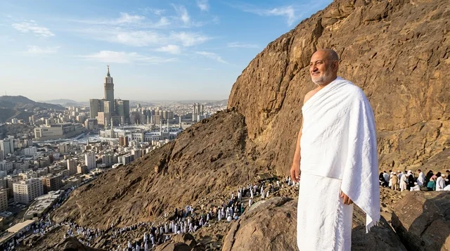 حاج عربي يرتدي ملابس الإحرام على جبل عرفات في مكة المكرمة