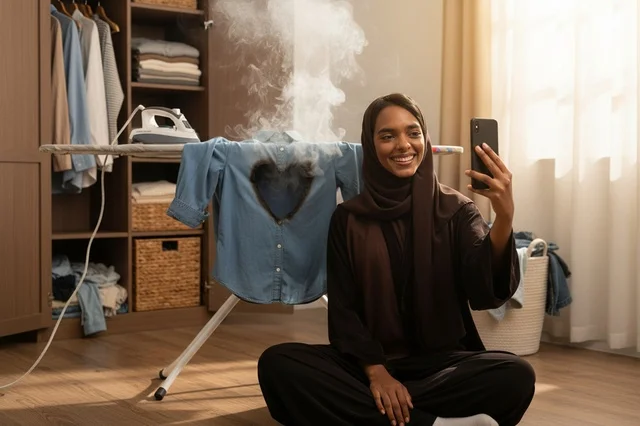 Arab Woman Taking Selfie with Burnt Shirt in Laundry Room