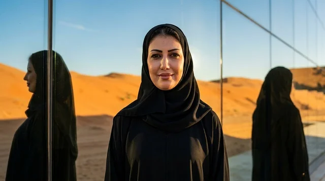 Saudi Woman at Maraya AlUla Building in Desert Sunset