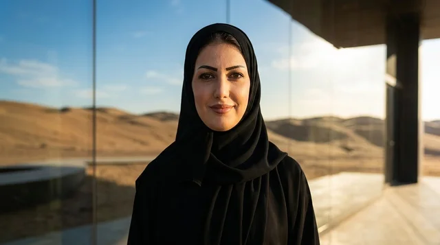 Saudi Woman in Black Abaya in Desert Sunset Portrait