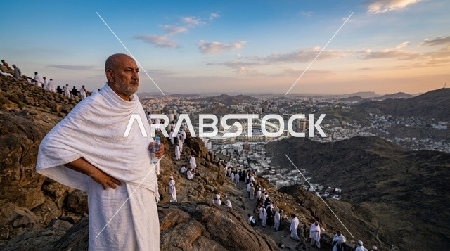 Arab Pilgrim in Ihram Overlooking Makkah at Sunset