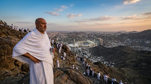 حاج عربي بملابس الإحرام يطل على المسجد الحرام بمكة
