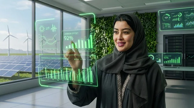 امرأة عربية مع هولوغرام طاقة متجددة في غرفة تحكم