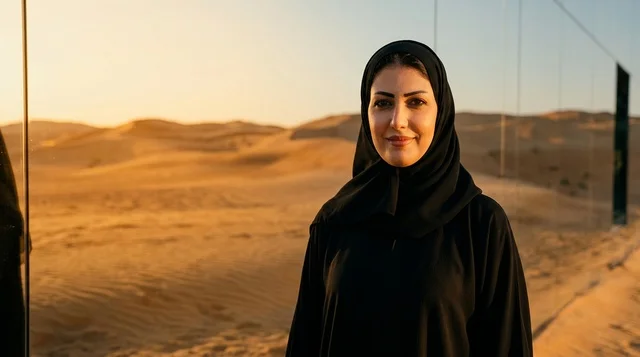 امرأة سعودية بالعباءة في صحراء العلا وقت الغروب