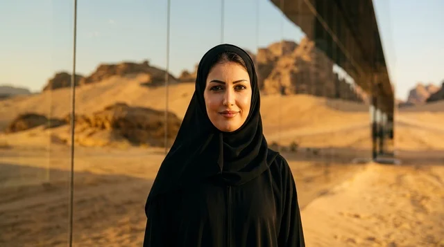 امرأة سعودية بالعباءة أمام قاعة مرايا في العلا