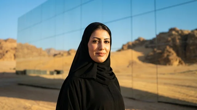 امرأة سعودية بالعباءة التقليدية أمام قاعة مرايا
