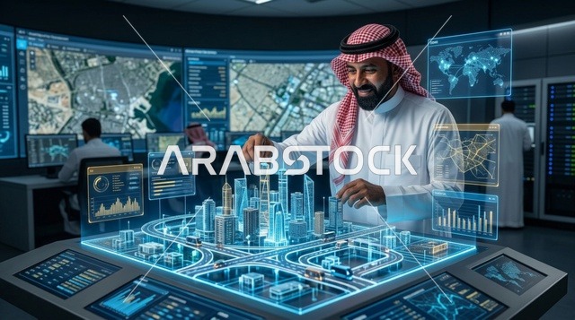 رجل سعودي يتفاعل مع مجسم هولوغرامي لمدينة ذكية