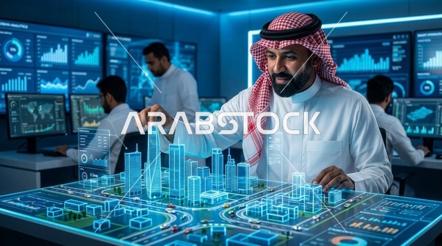 رجل سعودي يتفاعل مع مجسم مدينة ذكية في مكتبه