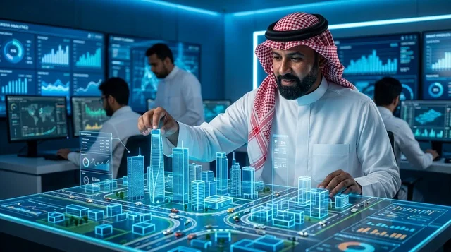رجل سعودي يتفاعل مع مجسم مدينة ذكية في مكتبه