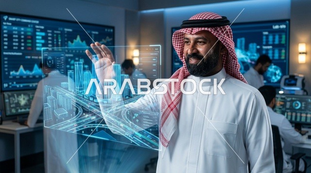 مهندس سعودي يتفاعل مع هولوغرام المدينة الذكية ثلاثي الأبعاد