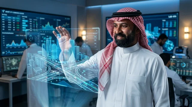 مهندس سعودي يتفاعل مع هولوغرام المدينة الذكية ثلاثي الأبعاد