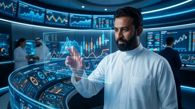 رجل أعمال سعودي يحلل بيانات سوق الأسهم الرقمية