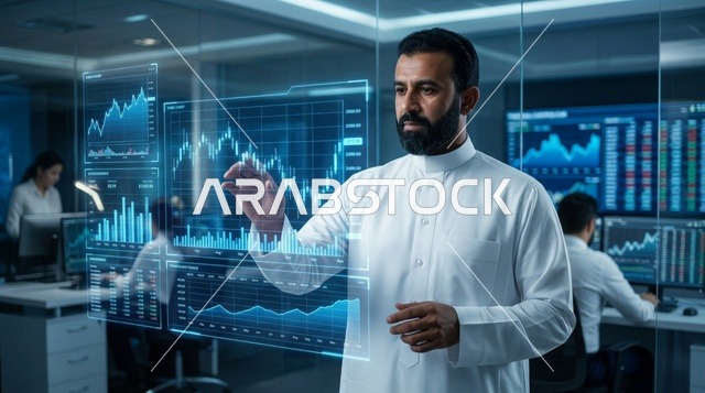 Arab Businessman in Thobe Using Financial Hologram Screen