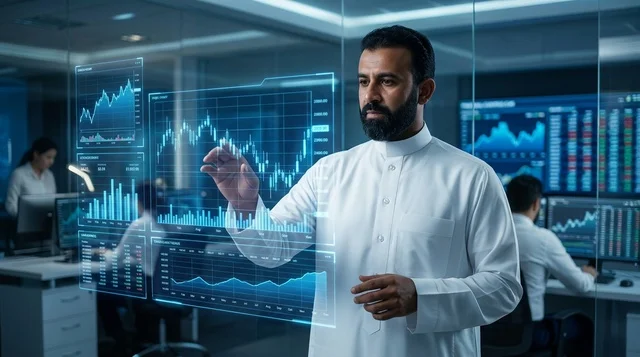 رجل أعمال عربي بالثوب يستخدم شاشة هولوغرام مالية
