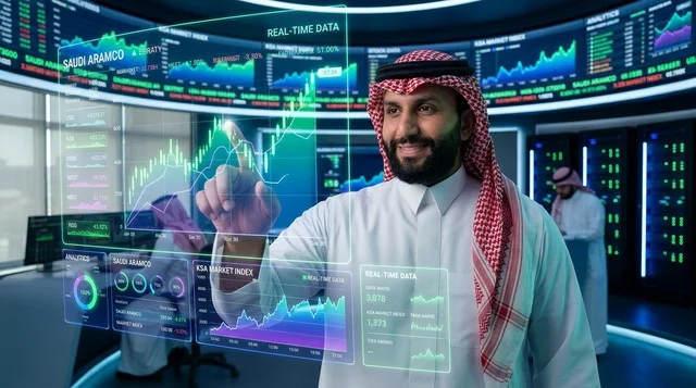 مستثمر سعودي يحلل بيانات سوق الأسهم عبر شاشة هولوغرام