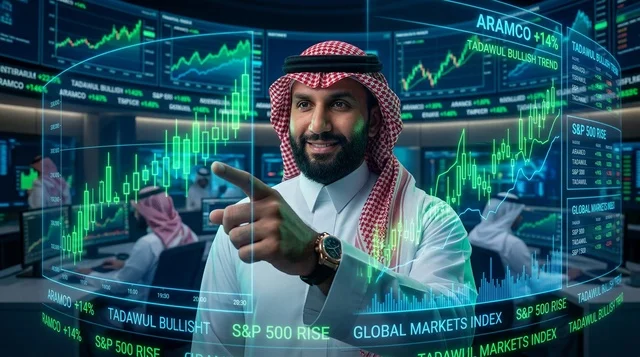 Saudi Businessman Analyzing Stock Market Holographic Data