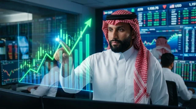 Saudi Businessman Analyzing Stock Market Digital Chart