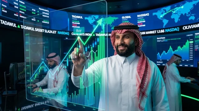 رجل أعمال سعودي يحلل مؤشرات نمو سوق الأسهم عبر الهولوغرام