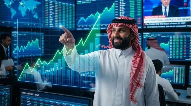 رجل أعمال سعودي يحلل مخططات سوق الأسهم الرقمية والبورصة