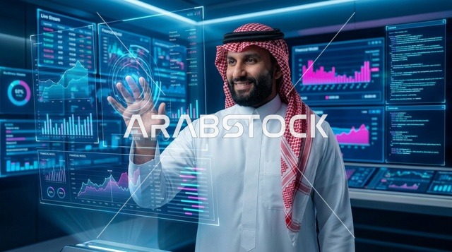 رجل أعمال سعودي يتفاعل مع شاشة هولوغرام ذكية