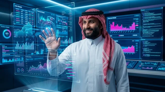 رجل أعمال سعودي يتفاعل مع شاشة هولوغرام ذكية